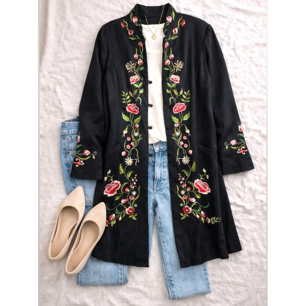 Victor Costa Black Embroidered Floral Duster Jacket Women’s 1X Statement Coat